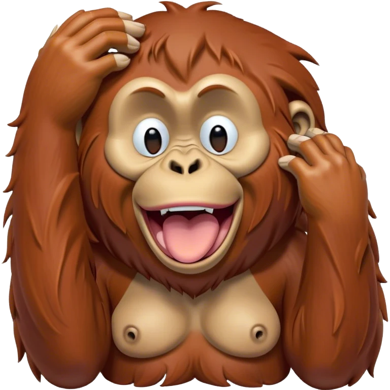 Cinematic Cute Yawning Orangutan Portrait Emoji, Head tilted slightly with a dramatic, wide-open yawn, showcasing a richly textured face with half-closed, sleepy eyes and a relaxed, open expression, Simplified yet irresistibly adorable features, highly detailed, glowing with a soft, cozy jungle glow, high shine, relaxed yet expressive, stylized with a dash of whimsical charm, soft glowing outline, capturing the essence of a drowsy yet affectionate guardian that appears ready to stretch out for a nap! emoji