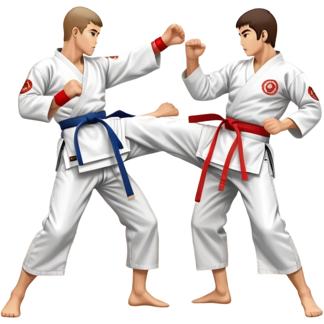 Two karate fighters in traditional gi sparring. One executes a high kick aimed at the opponent’s head, while the other blocks with a strong hand defense. The background features a classic dojo with wooden flooring and banners. Dynamic motion and focused expressions. Transparent background. emoji
