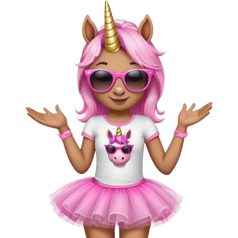 friendly anthropomorphised female unicorn with horse-like face, in tutu and pink t-shirt, wearing dark sunglasses, standard pose, close-crop head and shoulders emoji