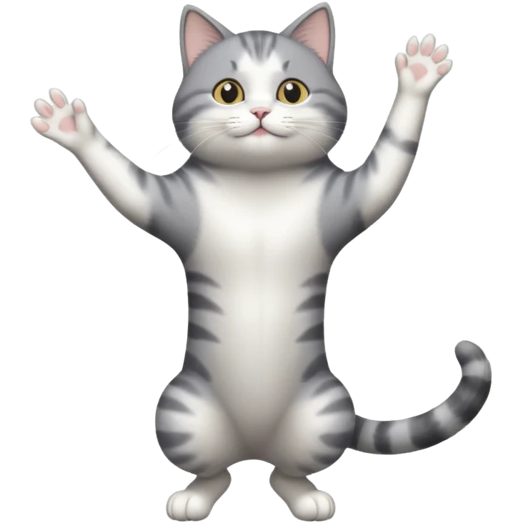 grey and white cat doing a big long stretch reaching up into the air emoji