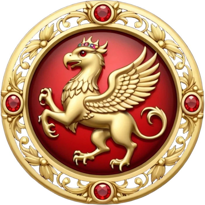 Golden griffin crest / brosch in a circle with red gems emoji