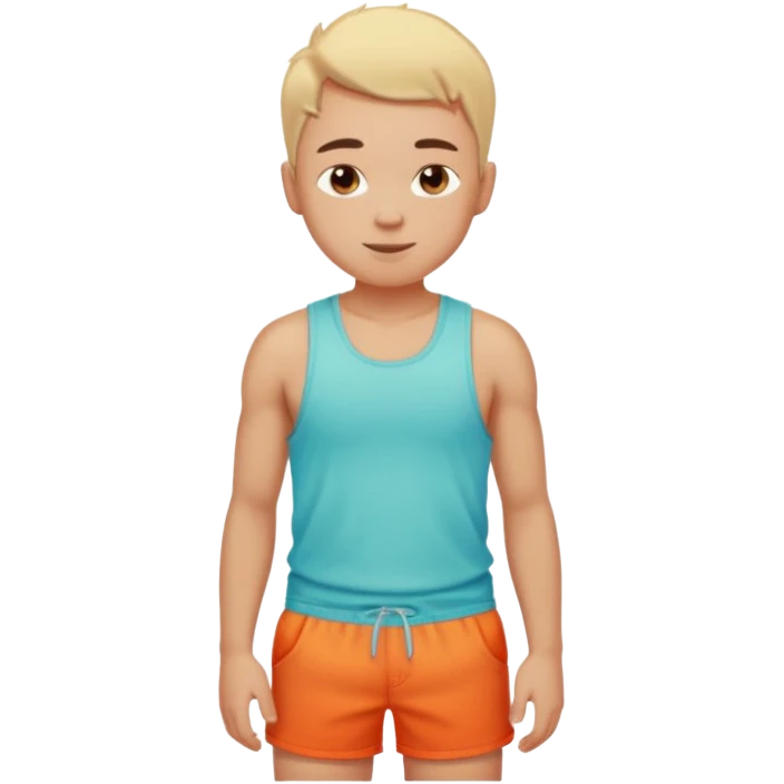 Emoji-style person in beach shorts with sunburned shoulders and chest, tank top outline, cute rounded features, soft shading, vibrant colors emoji