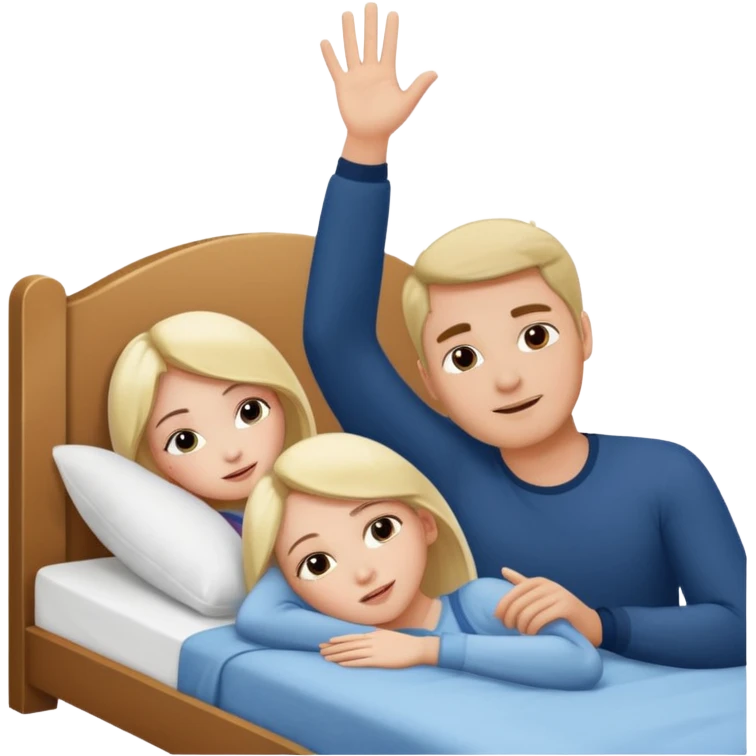 A bed with a girl laying down and a man putting his hand up. emoji