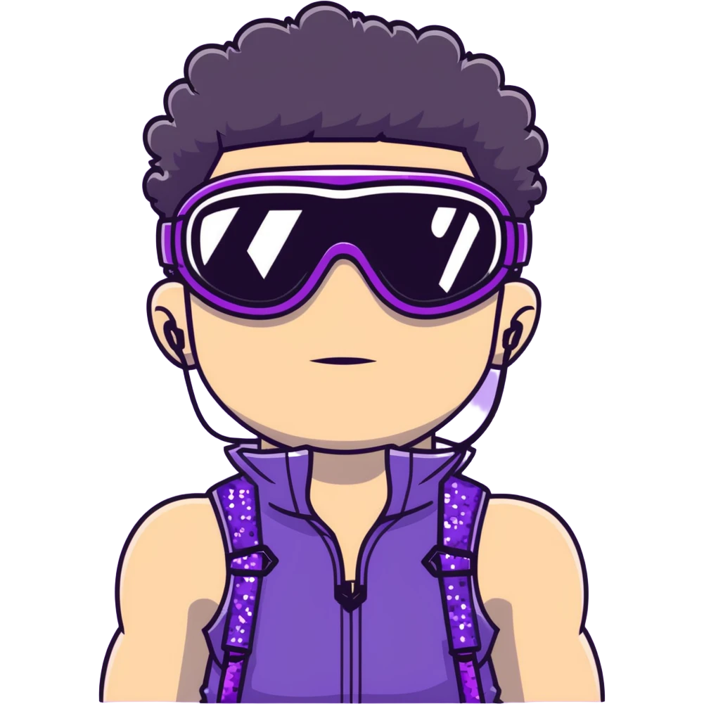 male athlete with white skin and moderately curly black hair on top with shaved sides, wearing ski goggles with purple frames and very dark black lenses, a simple plain black chain necklace, and a completely unzipped sleeveless vest with purple and black sequin fire pattern design, fully revealing his chest, shoulders and arms, no earrings emoji