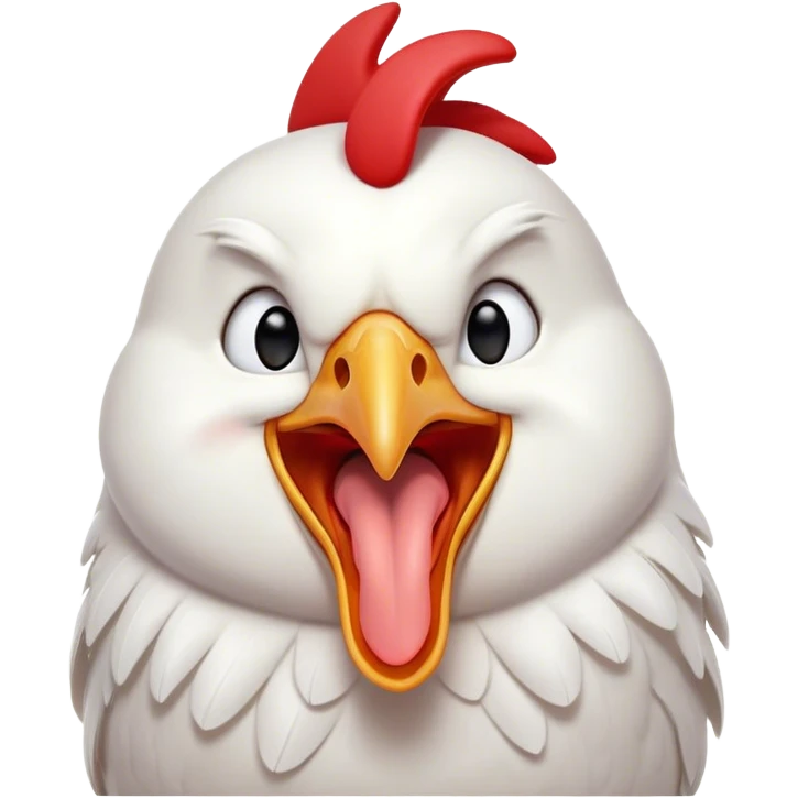 Cinematic Cute Yawning White Chicken Portrait Emoji, Head tilted slightly with a dramatic, wide-open yawn, showcasing a soft, fluffy white plumage with a crisp red comb and drooping wings, round beady eyes barely open in drowsy contentment, Simplified yet irresistibly adorable features, highly detailed, glowing with a soft, cozy glow, high shine, relaxed yet expressive, stylized with a touch of whimsy, bright and endearing, soft glowing outline, capturing the essence of a sleepy yet affectionate chicken, so drowsy it feels like it could stretch out of the screen and curl up for a nap! emoji
