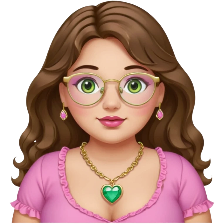 Girl long wavy brown hair with middle part. green gold eyes, plus size, pink frilly top,  gold nose ring, small pink heart crystal necklace. Gold rimmed glasses emoji