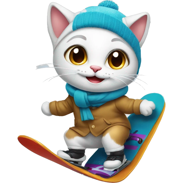 Happy cat on a snowboard wearing a suit emoji