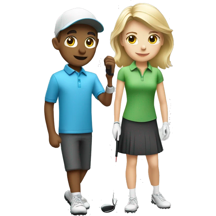 Blonde little boy and brunette little girl golfing with blonde golf coach emoji