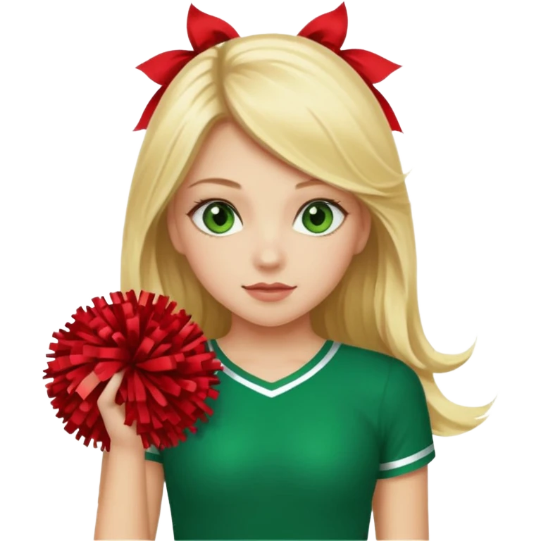 Girl with long blonde hair and green eyes holding red pom poms cheerleader emoji