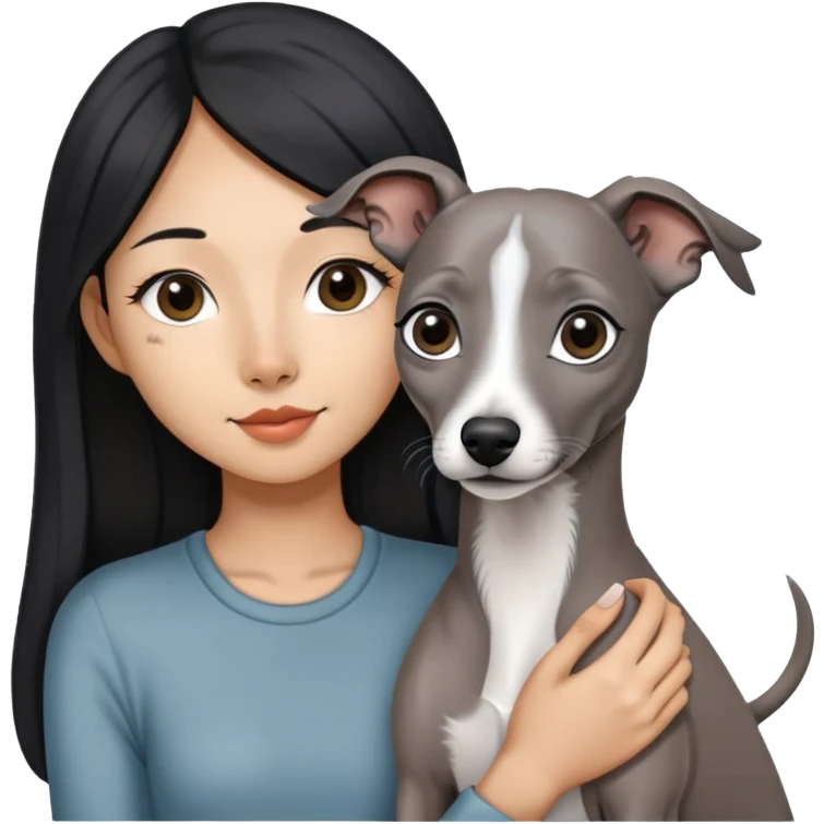 Slim Chinese girl with long black hair holding solid grey Italian greyhound with no white markings on nose emoji