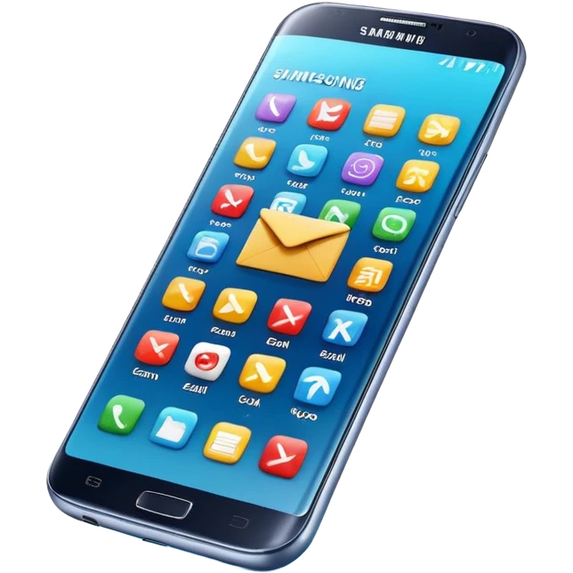 Hyperrealistic ultra detailed 3D rendering and isolated, 8K HD, Must be visual appealing, not blurry, no emoji icons, no emoji faces. A Samsung phone with a little up screen showing icons and symbols for email and Canva logo design. Vivid and bright, realistic colors.  emoji