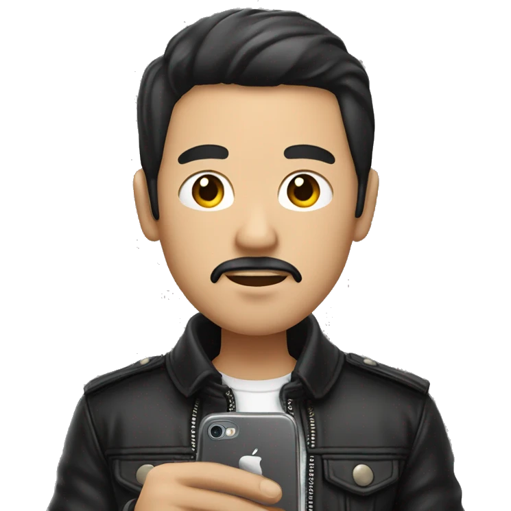east asian man with mustatche wearing black leather jacket is holding phone emoji