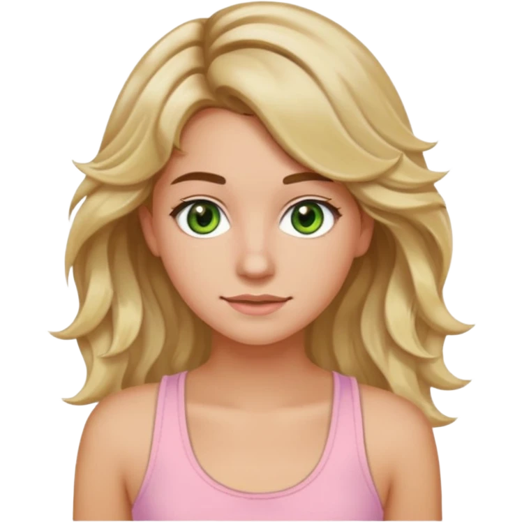 ca you make her hair a 20-year-old girl with long wavy hair brown roots blonde highlights green eyes brown eyebrows good summer tan iPhone emoji style with light pink tank top can you make her hair a little longer please emoji