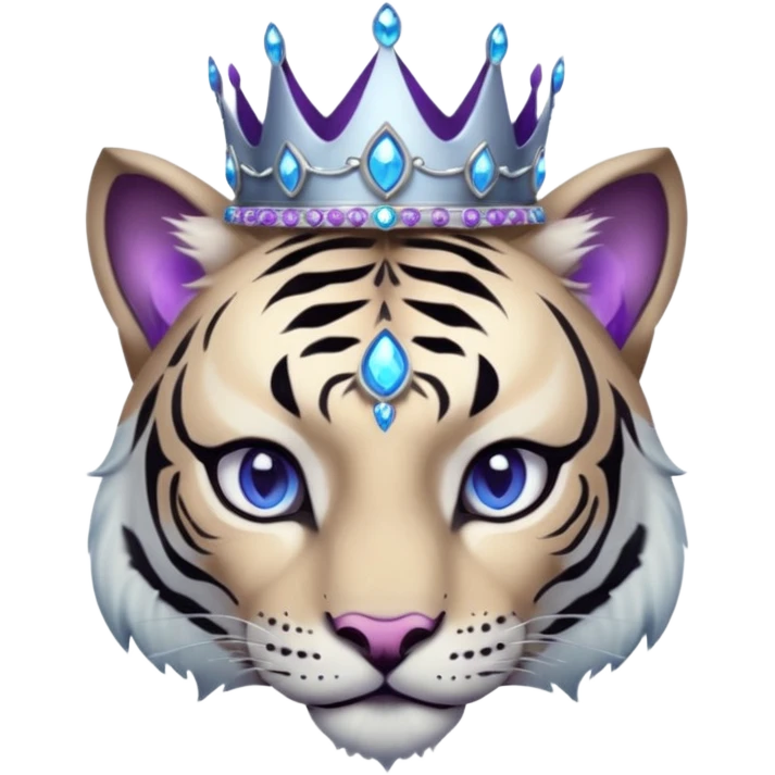ESO Female white/black tiger khajiit leader of the umbral rose, glowing blue eyes, glowing blue 'third eye' gem, silver crown/tiara with purple gems emoji