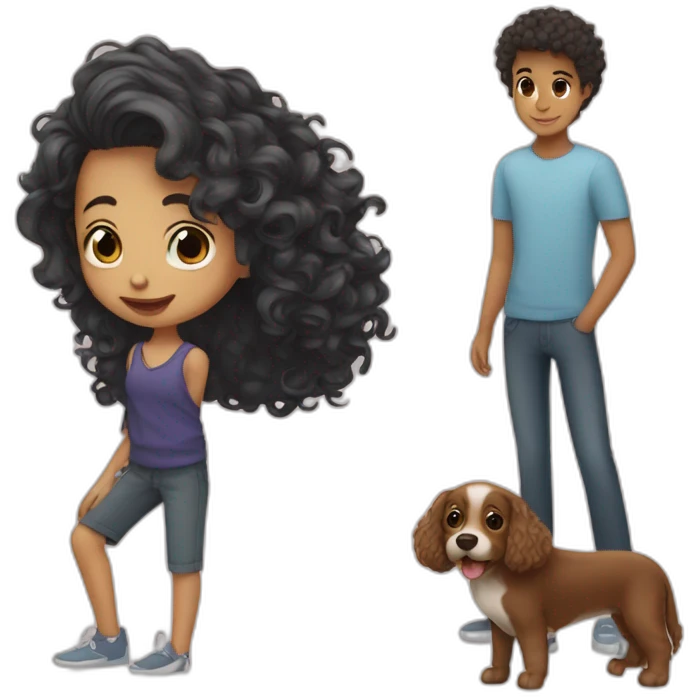 short hair boy with long hair girl with curly dog emoji