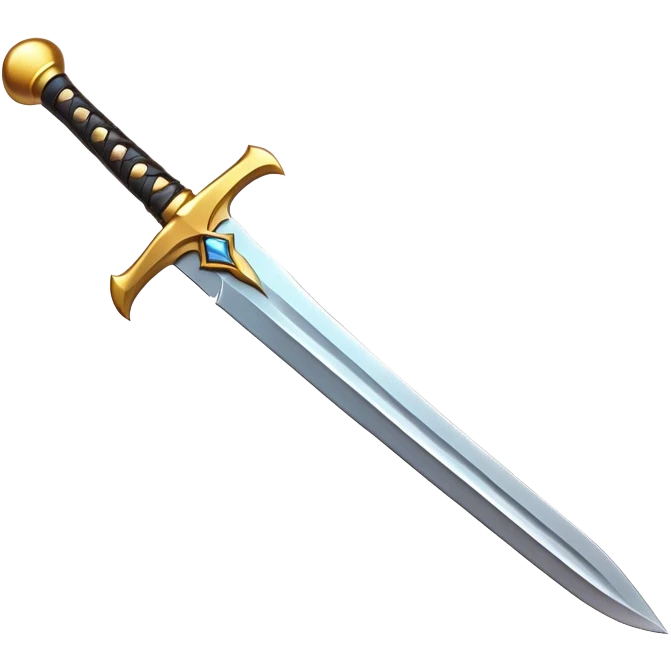 Clash of Clans aesthetic: Cinematic Playful Sword Emoji, rendered in a 3D vector-style similar to standard emojis with minimal shading and bold, simplified shapes. A compact, isometric blade with a gleaming, intricately designed hilt and a razor-sharp edge, softly glowing with a heroic, battle-ready charm. Simplified yet unmistakably iconic, highly detailed and consistent, glowing with a soft radiant brilliance and high shine. Stylized with a touch of medieval finesse and a soft glowing outline, capturing the essence of a legendary sword with a friendly, playful vibe! emoji