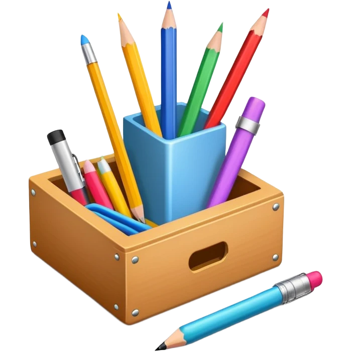 small box of teaching supplies with a pencil, ruler, and markers sticking out emoji