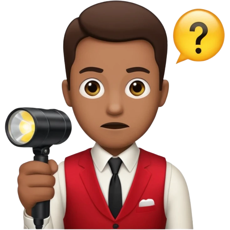 Movie theatre usher in red vest and black tie with flashlight looking scared emoji