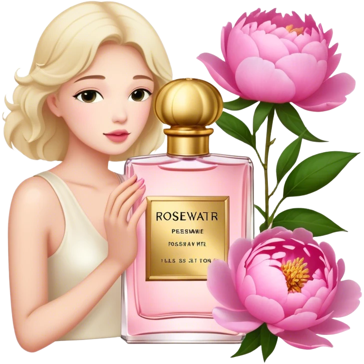 A delicate glass bottle of rosewater perfume with gold details beside lush pink peonies. Soft light enhances the romance, while a dark red velvet backdrop adds vintage glamour."
 emoji