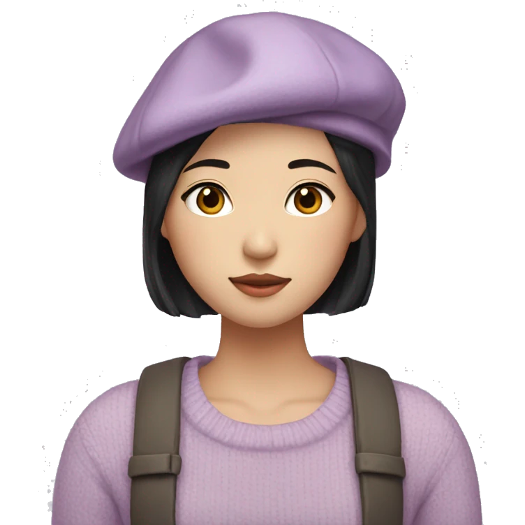 korean girl short black hair sharp jawline, attractive wearing a lilac sweater and beret emoji