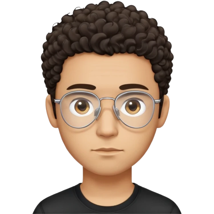 Latino man with light brown complexion, small face and prominent forehead, clear lens teardrop-shaped aviator eyeglasses with metal frame, totally shaved sides with very minimal dark curly hair only on top, gentle expression, simple black t-shirt emoji