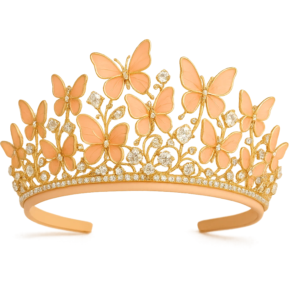 butterfly crown with a soft orange base, butterflies in pastel orange enamel, sparkling gems emoji