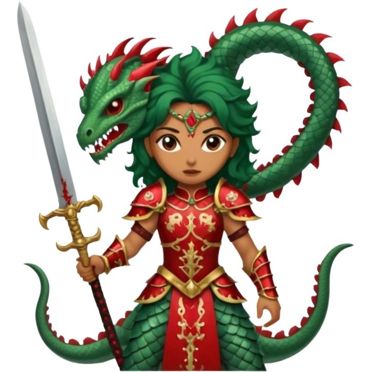Fierce Latina in armor with a sword after a battle cutting off the head of a hydra emoji