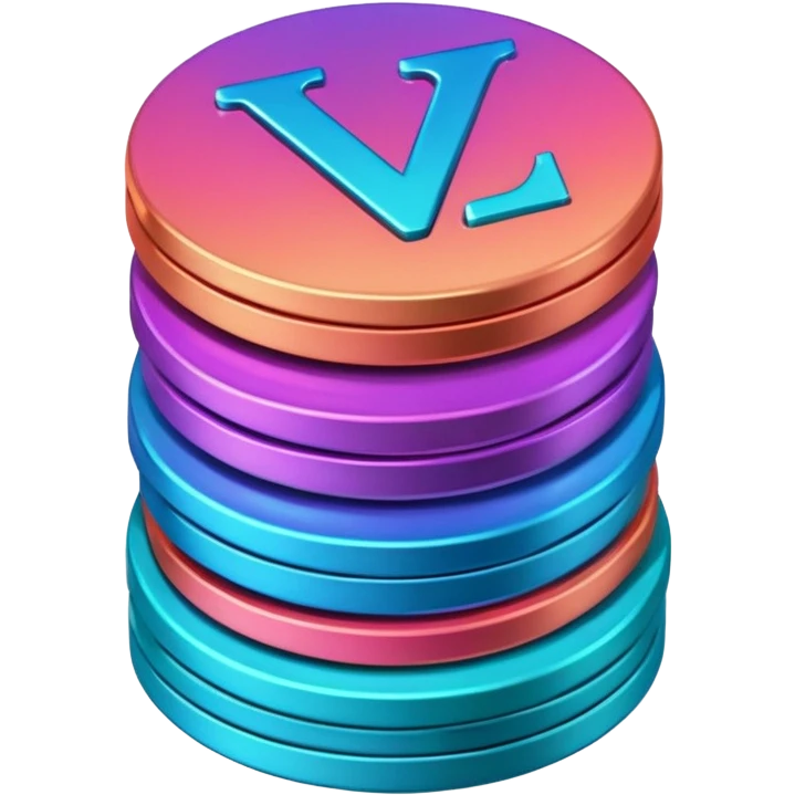 Stack of coins in gradient of turquoise, blue, pink, purple, and coral color with V letter emoji