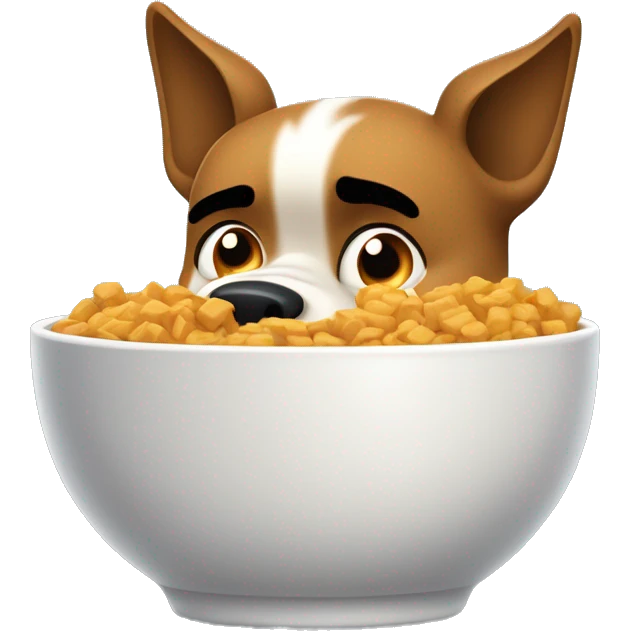 An angry dog with furrowed brows, aggressively eating from a bowl of food. Its ears are perked up in frustration, and it’s baring its teeth slightly while chomping down. The food bowl is tipped slightly as the dog devours the food with visible intensity. emoji