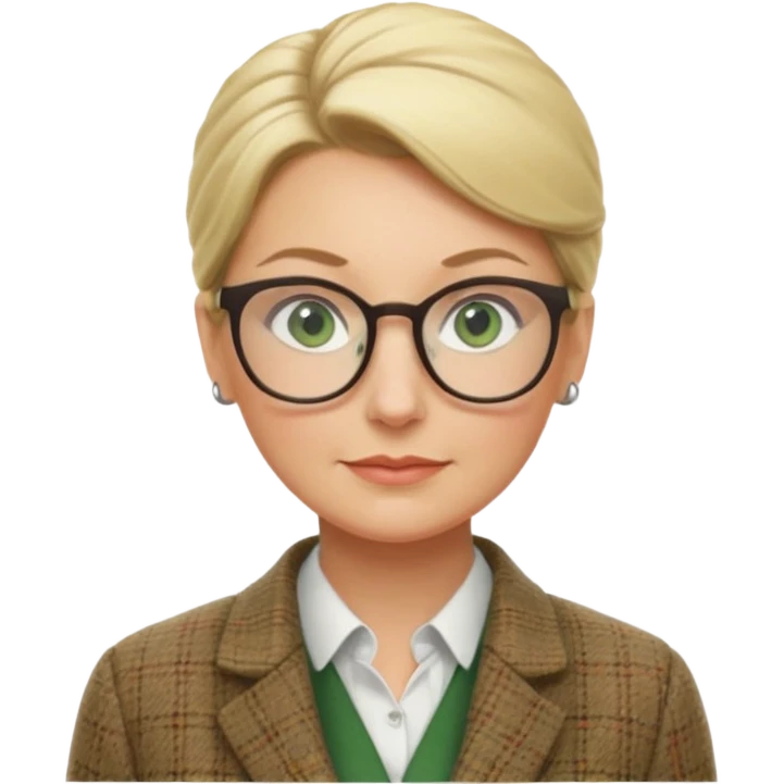 older teacher with hair pulled back into a blonde bun green eyes and glasses emoji