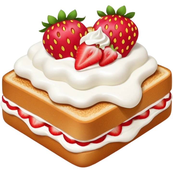 square toast topped with fluffy white cream, decorated with a strawberry bow made from two strawberry center, bright red and glossy emoji