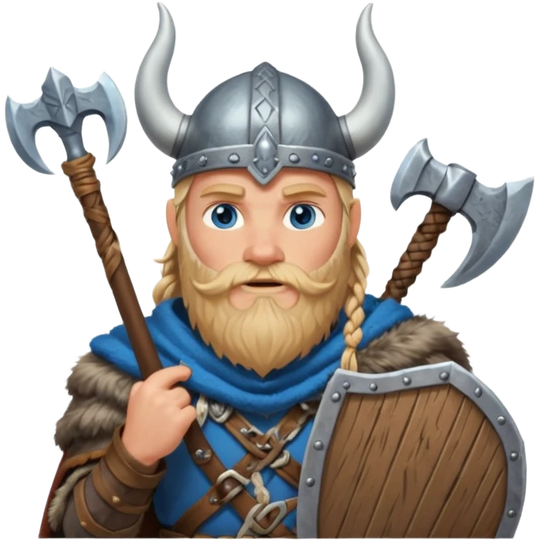 A tall Viking with braided blond beard, fur cloak, and heavy axe resting on his shoulder with horned helmet emoji