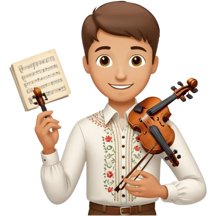 a happy guy in a white Ukrainian embroidered shirt, holding sheet music in one hand and a violin key in the other emoji