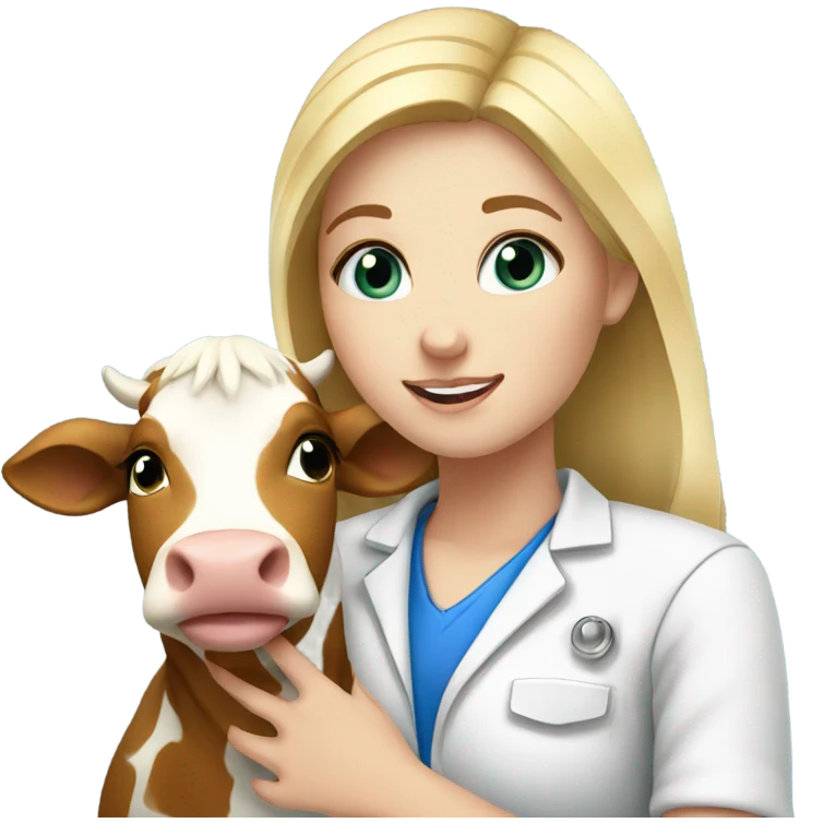 Female blonde vet with blue eyes petting small cow emoji