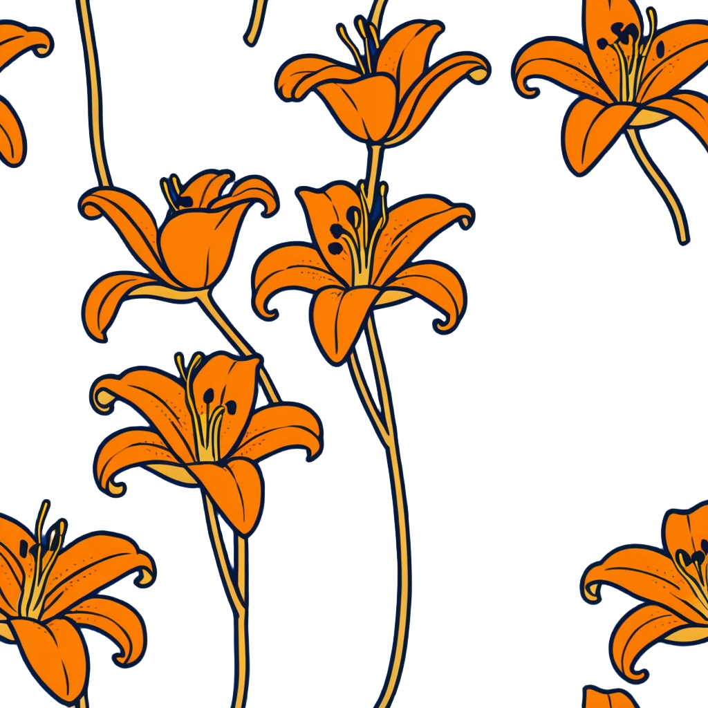 Artistic Japanese tiger lily (oniyuri) flower with stylized composition reminiscent of kimono patterns, orange recurved petals with black spots, gold accents, on indigo background emoji