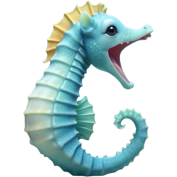 Cinematic Cute Yawning Sea Horse Portrait Emoji, Head tilted slightly with a dramatic, wide-open yawn, showcasing a slender, gracefully curved body with a softly drooping tail and sleepy, half-closed eyes, Simplified yet irresistibly adorable features, highly detailed, glowing with a soft, cozy aquatic glow, high shine, relaxed yet expressive, stylized with a dash of whimsical marine charm, soft glowing outline, capturing the essence of a drowsy yet affectionate sea horse that appears ready to stretch out for a nap! emoji
