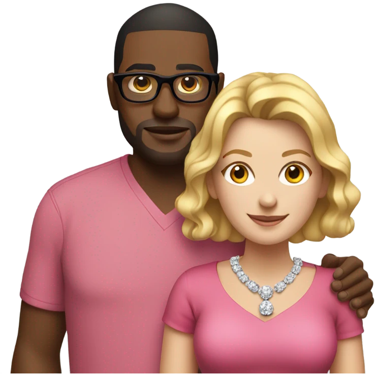 white woman wearing a pink dress and diamond necklace standing with a black guy with glasses wearing a red shirt emoji