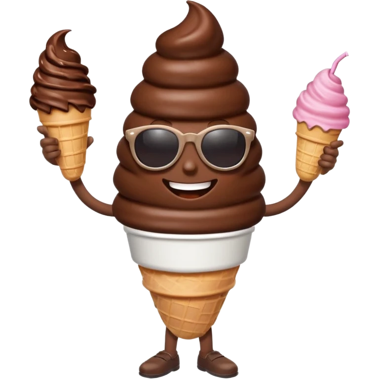 A chocolate icecream, with legs, arms, and a face. It can be seen wearing sunglasses emoji