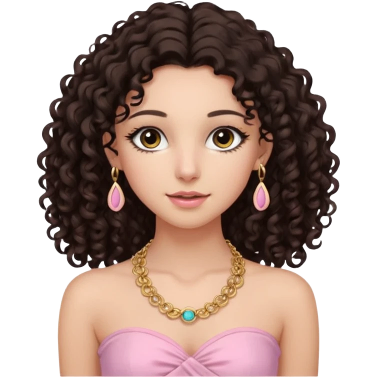 crée moi une jeune fille très belle avec les cheveux bouclés long et brune avec un top  sans manche ni brettelles juste un 'bandeau' de couleur rose clair avec un peu de maquillage et des beaux et long  cils avec un collier en or emoji