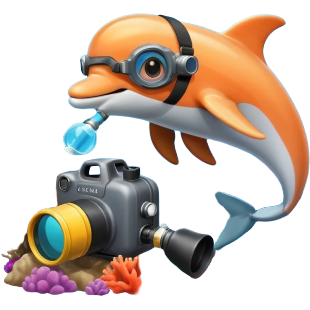 A brave dolphin in diver mask and oxygen tank, exploring coral with a waterproof camera.

 emoji