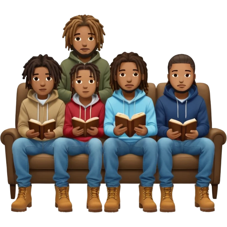 Room of African American men with dreadlocks wearing skinny jeans and timberland boots and Nike hoodies sitting in chairs reading the Bible emoji