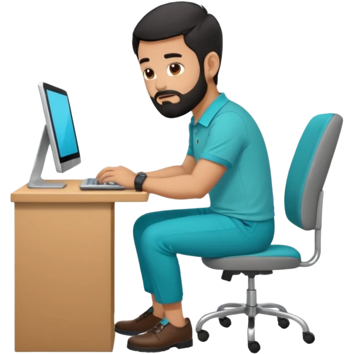 man with black short male hair and black hair and beard and hes in a office with his grey backpack on the floor and he has a tourquose polo shrit with gre dress pants and hes working at a hotel  hes on the co,ptuer  at his desk and he inly has one backpack its on the floo emoji