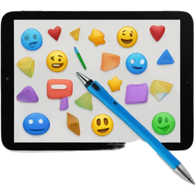 tablet with shapes background on the screen and pen and </> sign emoji