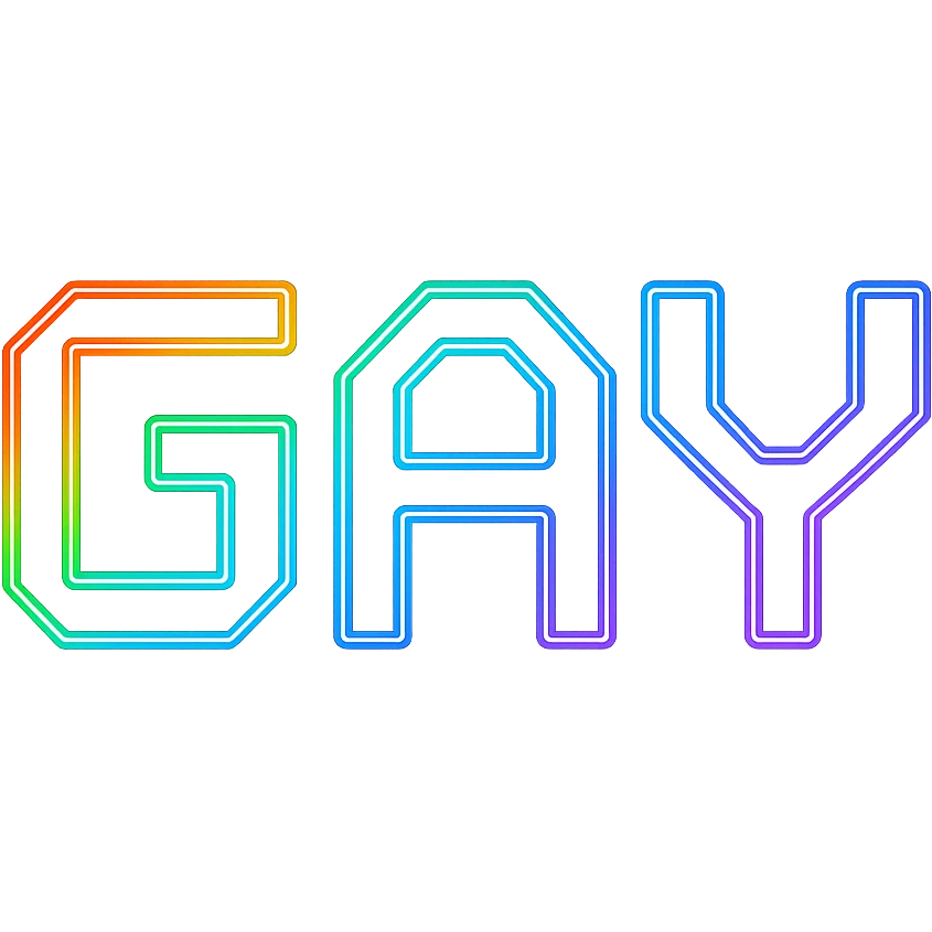 the word GAY in a futuristic digital font with rainbow neon emoji