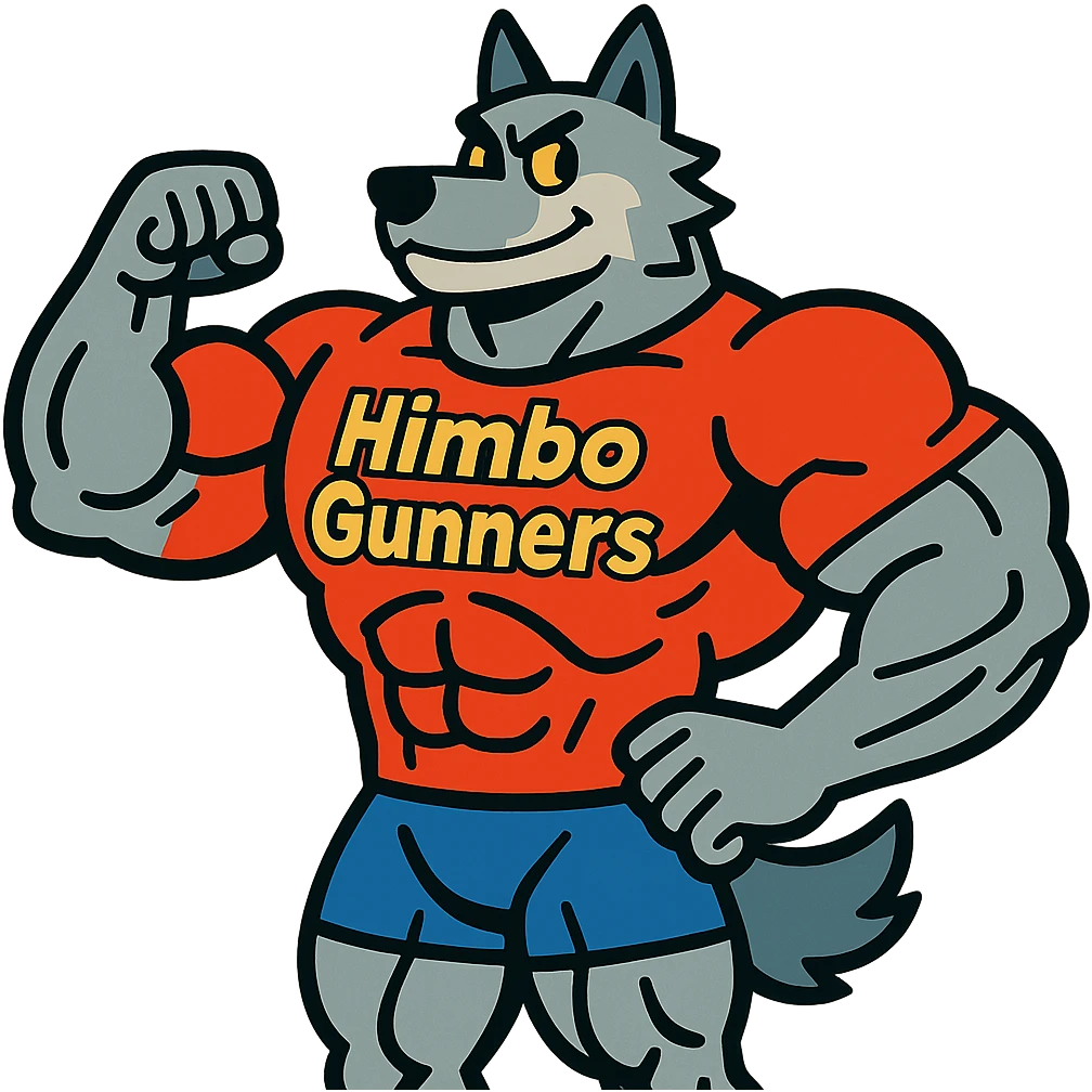 extremely buff wolf furry with oversized muscles, wearing a t-shirt with 'Himbo gunners', standing confidently emoji