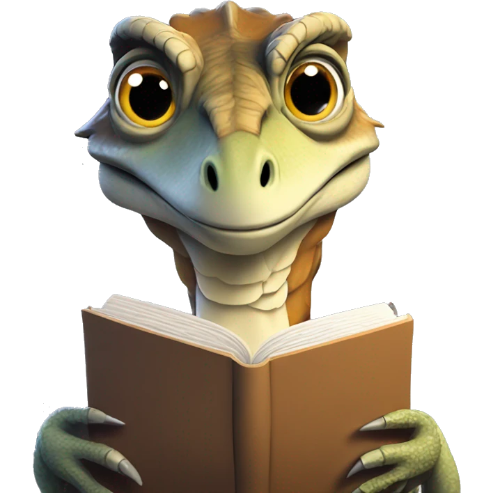 velociraptor reading a book, very cute, simplistic design, logo emoji