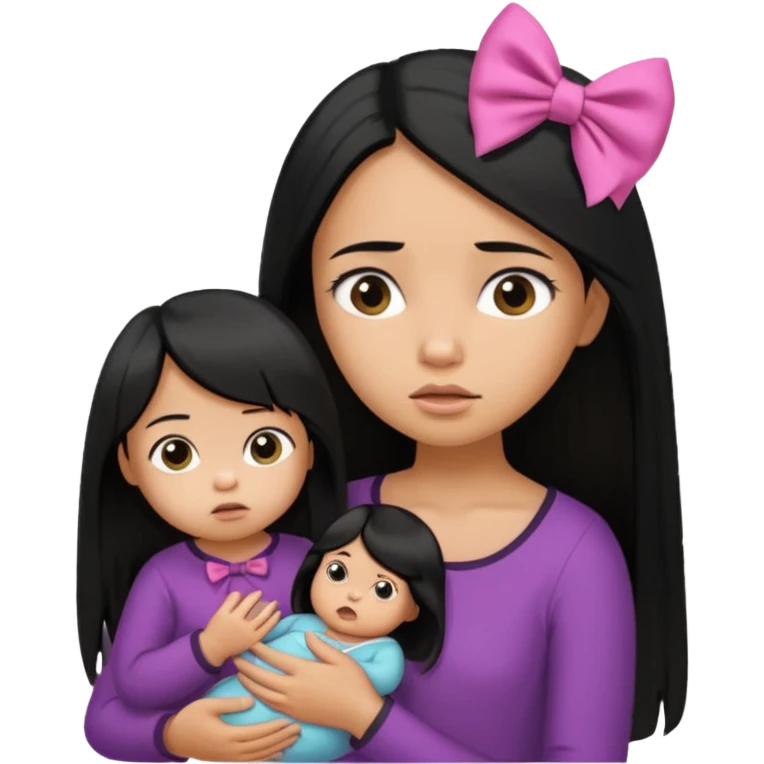 Girl with long straight black hair looking confused while holding a very tiny girl baby with a bow  emoji