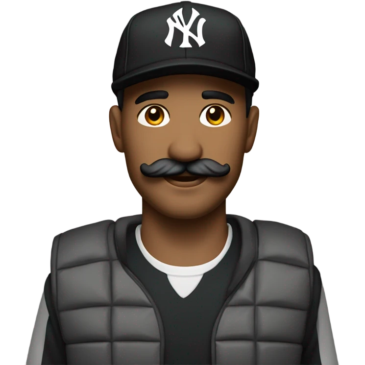 Homme, 30 ans, cheveux courts noir, moustache, casquette noir yankees noir, avec uns bière  emoji