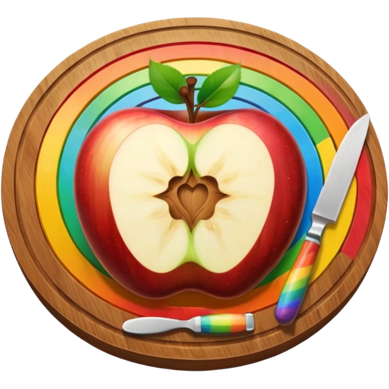 A round wooden board with a whole apple and several slices on it and knife, with a rainbow outline emoji