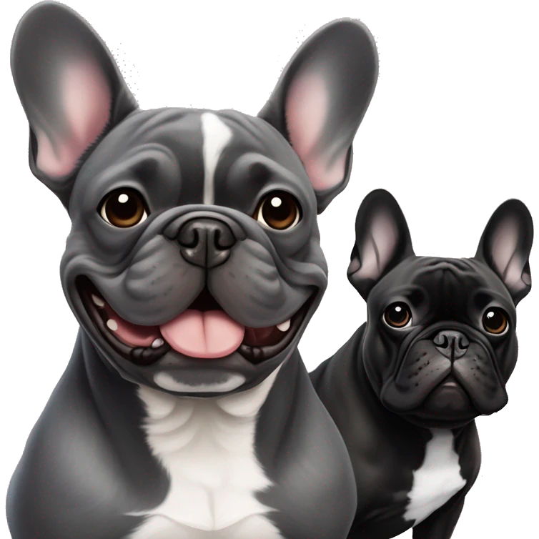 dark gray french bulldog happy alongside a black brindle French bulldog, best friends emoji